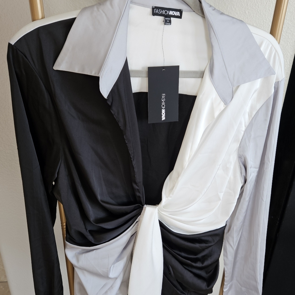 Fashion Nova Black and White Satin Blouse - Picture 3 of 5